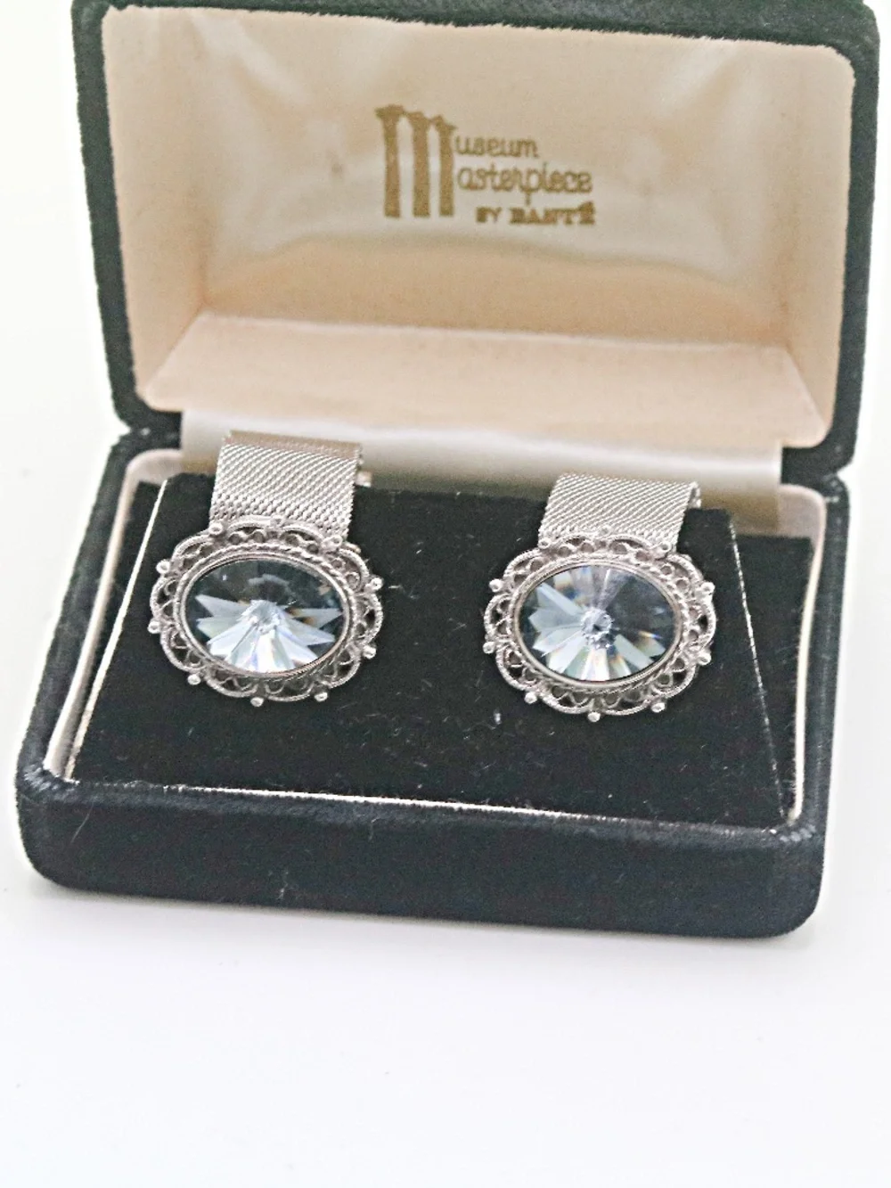 BLUE Topaz Crystal Retro Silver CuffLinks in original box by Dante- New